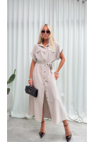 Sukienka Koszulowa Maxi Premium Wiązana w Pasie Elegancka Oversize Guziki Kieszenie - beż